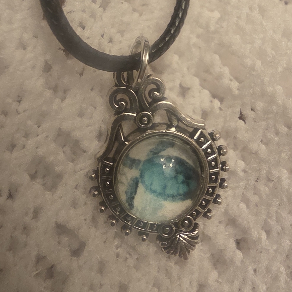 Sea Turtle Cabochon In Bezel Pendant On 18" Adjustable Cord Necklace